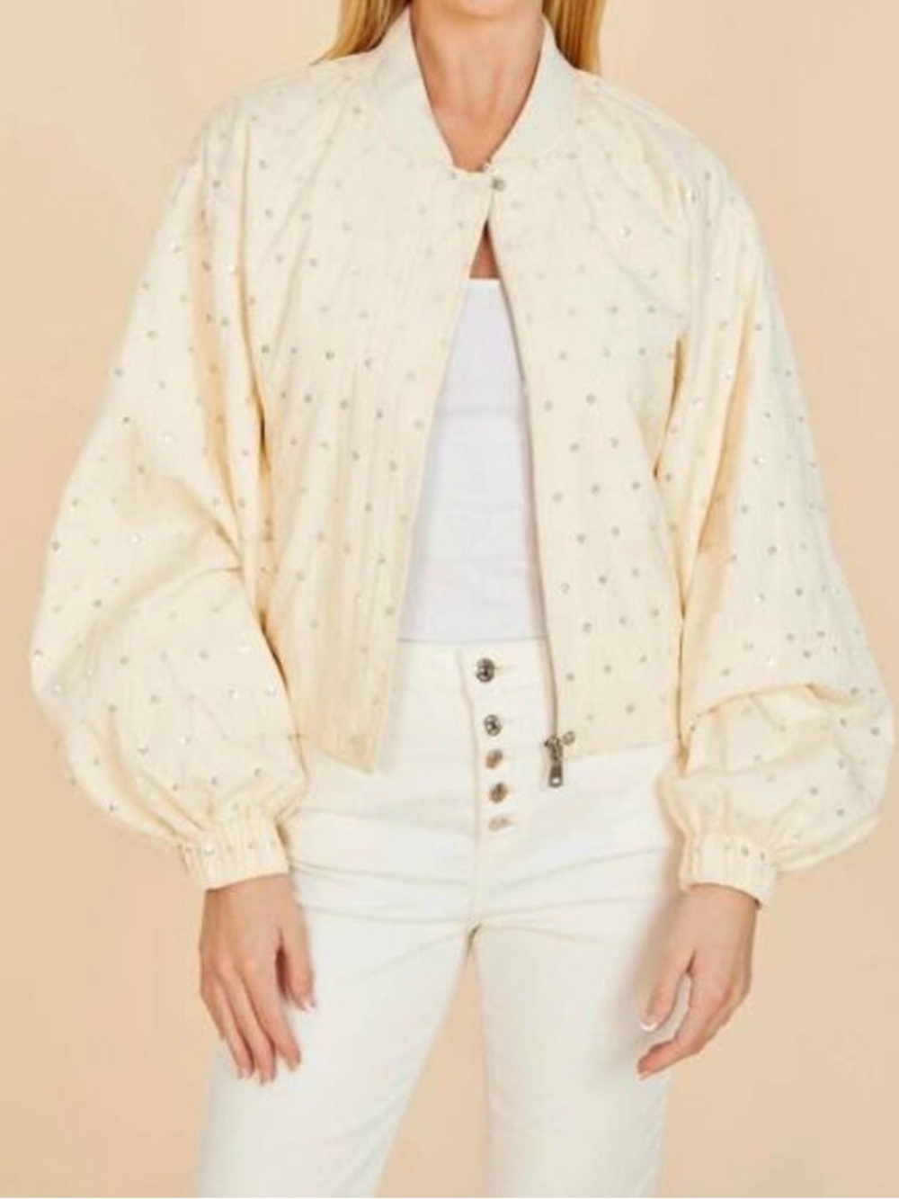 Dolce Cabo Ivory Cream Embellished Sequin Bomber Jacket